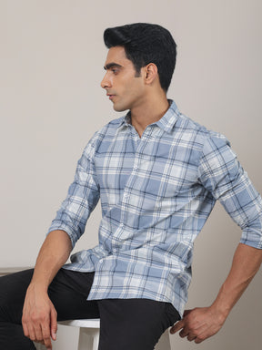 Cotton Checked Casual Shirt in Stone Blue - Comfort Fit