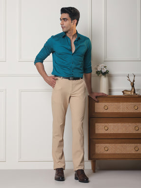 Flex Waist 4-Way Stretch Formal Trousers in Sand - Slim Fit