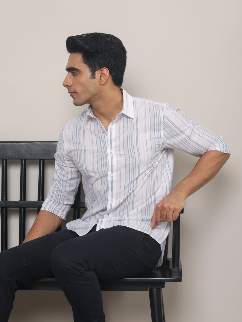 Cotton Striped Casual Shirt in Sky/White - Comfort Fit