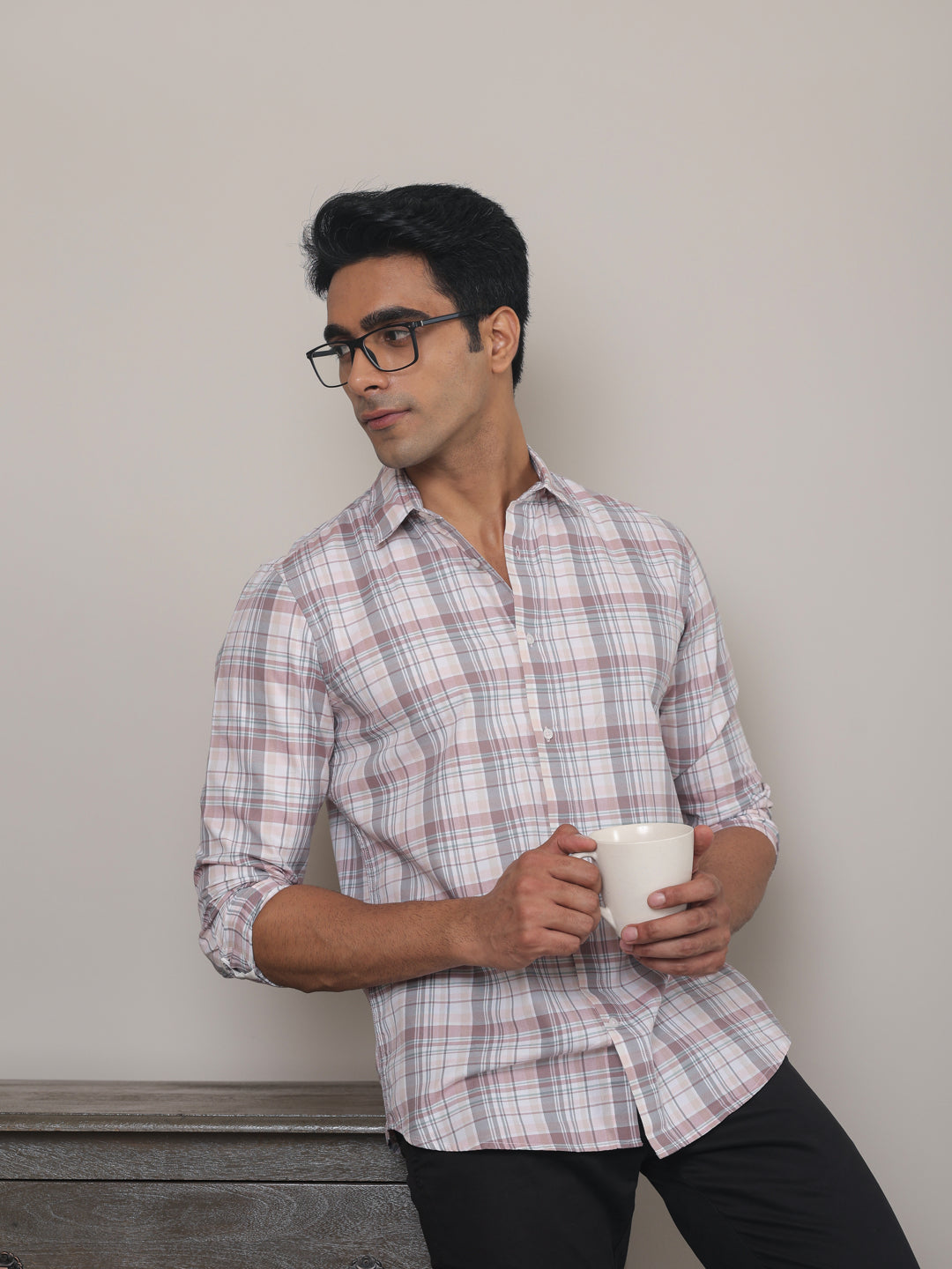 Cotton Checked Casual Shirt in Blush Pink - Comfort Fit