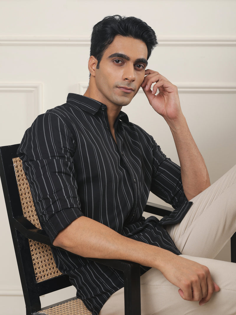 Cotton Striped Casual Shirt in Black - Comfort Fit