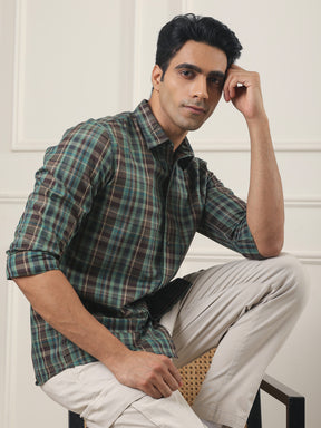 Cotton Checked Casual Shirt in Forest Green - Comfort Fit