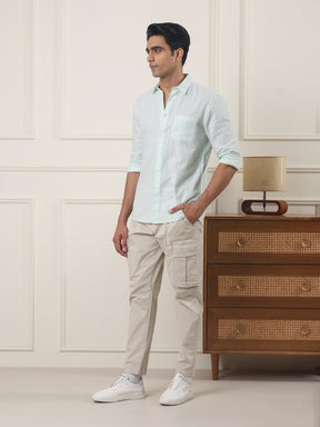 Cotton Linen Striped Casual Shirt in Ice Green - Comfort Fit