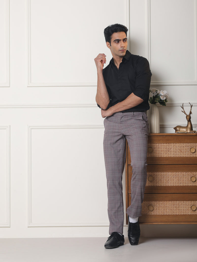 2 Way Stretch Checked Formal Trousers in Mauve - Slim Fit