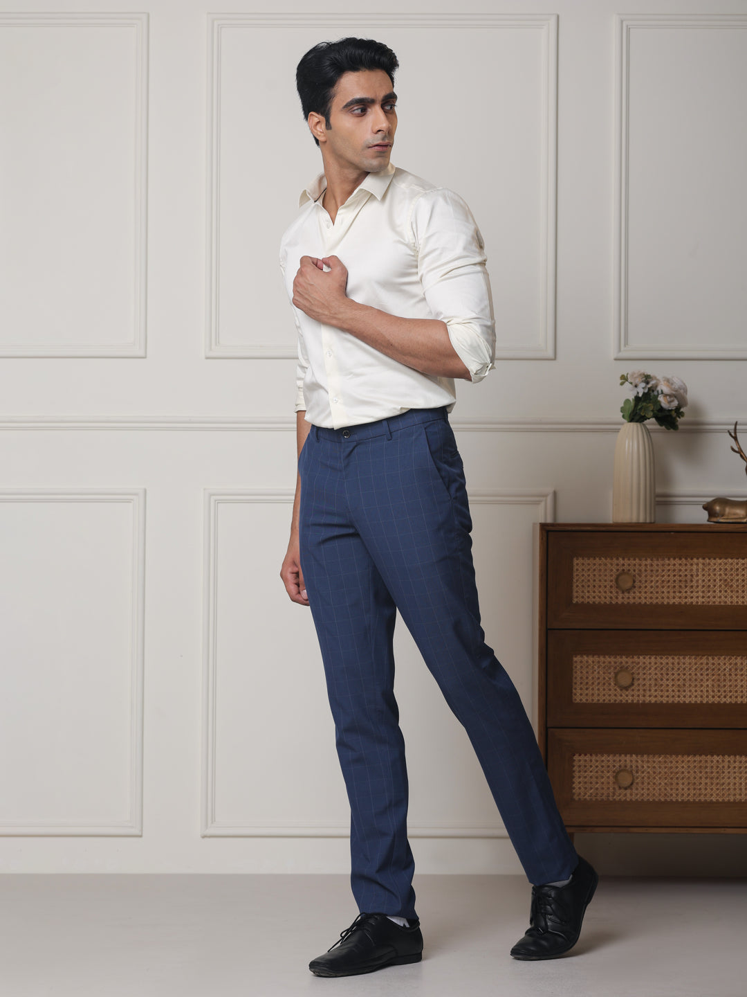 2 Way Stretch Checked Formal Trousers in Stone Blue - Slim Fit