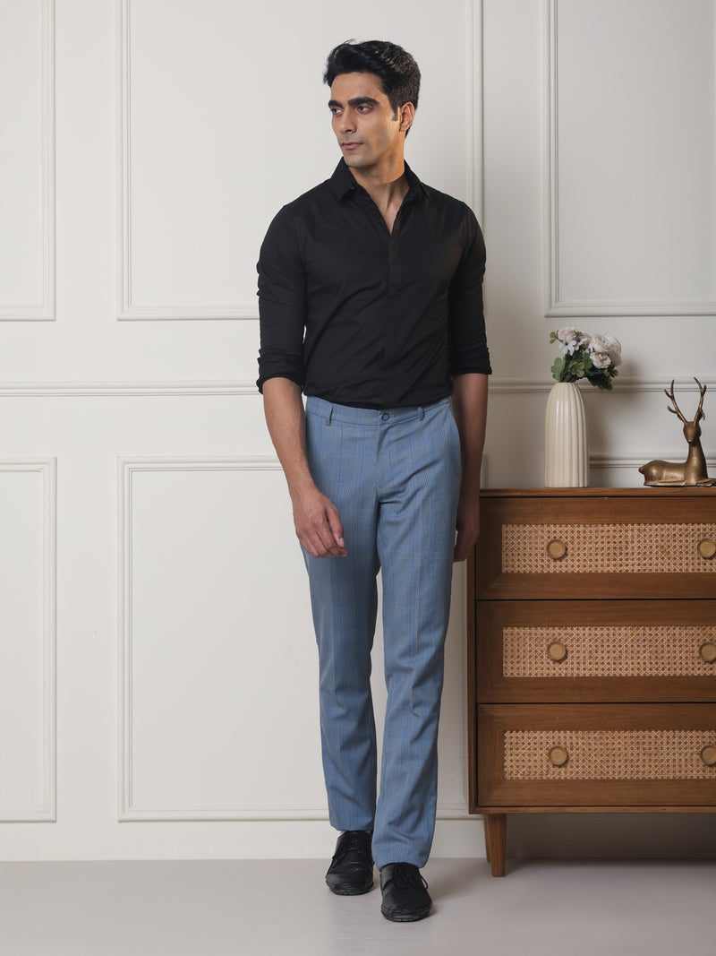 2 Way Stretch Checked Formal Trousers in Sky Blue - Slim Fit