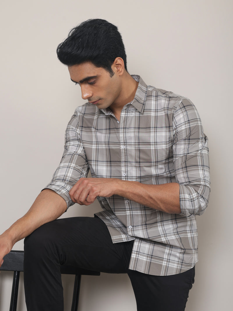 Cotton Checked Casual Shirt in Grey - Comfort Fit