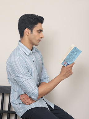 Cotton Striped Casual Shirt in Ash Blue - Comfort Fit