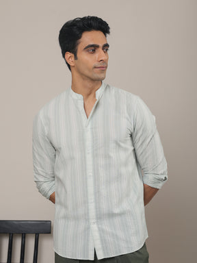 Cotton Striped Casual Shirt with Mandarin Collar in Mint Green  - Comfort Fit