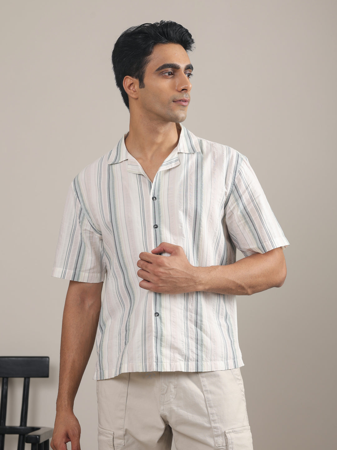 Cuban Collar Half Sleeve Striped Shirt in Beige/Green - Comfort Fit