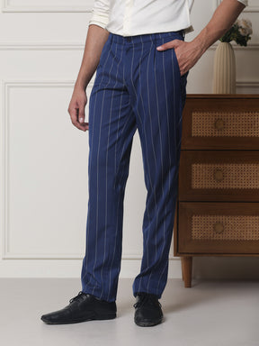 2 Way Stretch Striped Formal Trousers in Denim Blue - Regular Fit