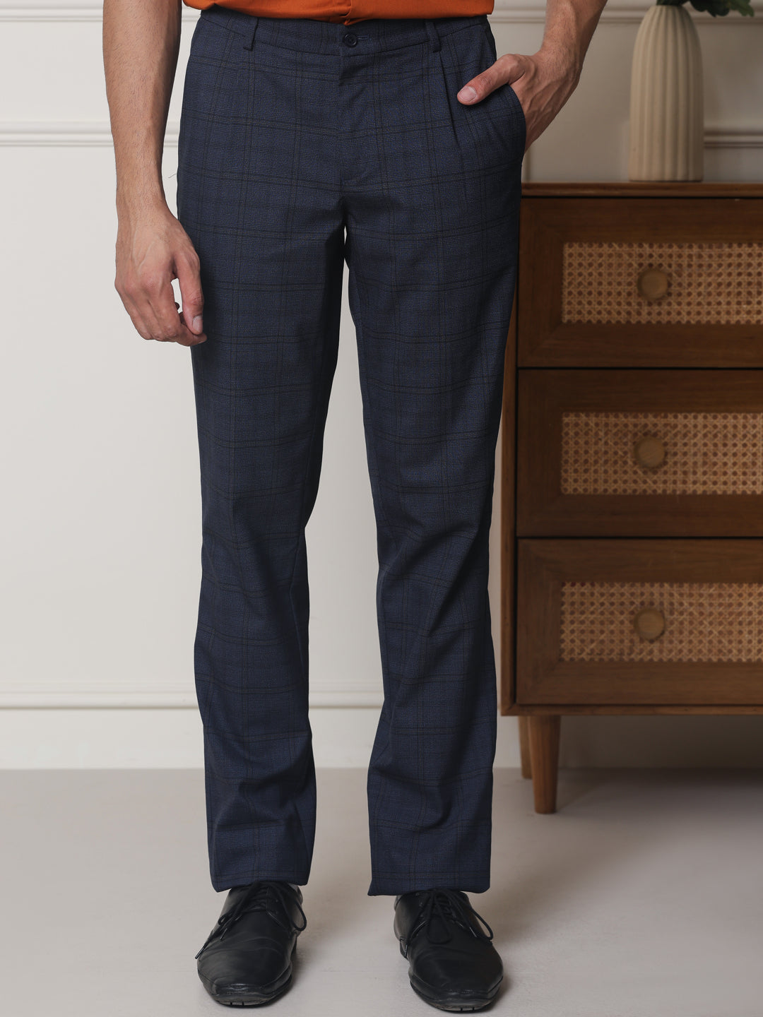 2 Way Stretch Checked Formal Trousers in Oxford Blue - Regular Fit