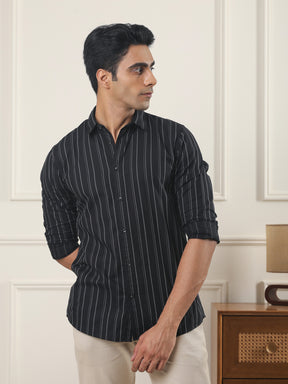 Cotton Striped Casual Shirt in Black - Comfort Fit