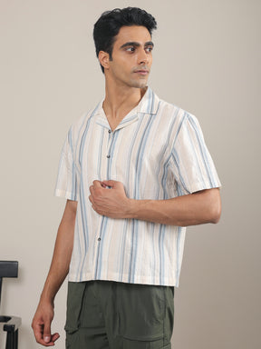 Cuban Collar Half Sleeve Striped Shirt in Beige/Blue - Comfort Fit