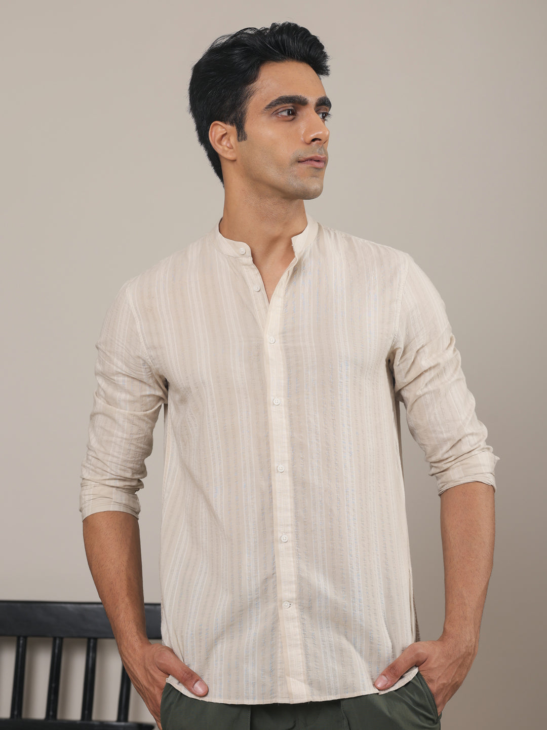 Cotton Striped Casual Shirt with Mandarin Collar in Cream  - Comfort Fit