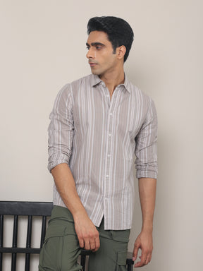 Cotton Striped Casual Shirt in Ash Grey - Comfort Fit