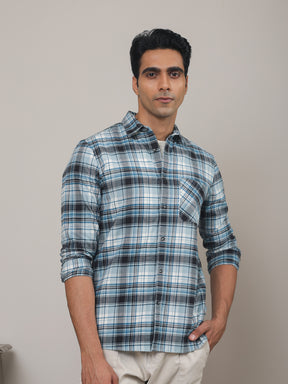 Cotton Checked Casual Shirt in Denim Blue - Comfort Fit