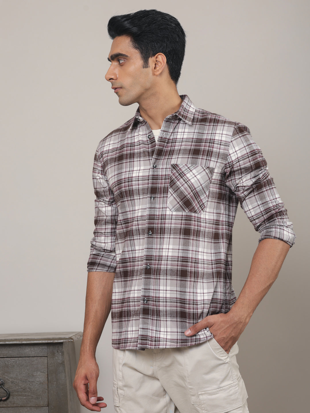 Cotton Checked Casual Shirt in Wine - Comfort Fit