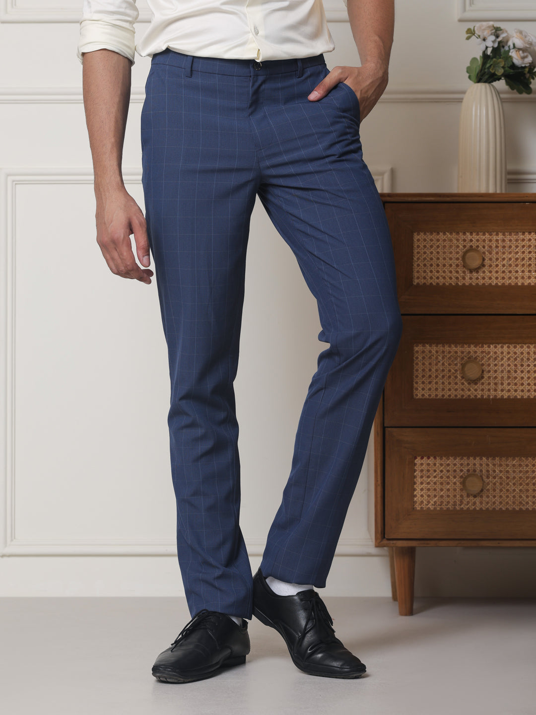 2 Way Stretch Checked Formal Trousers in Stone Blue - Slim Fit