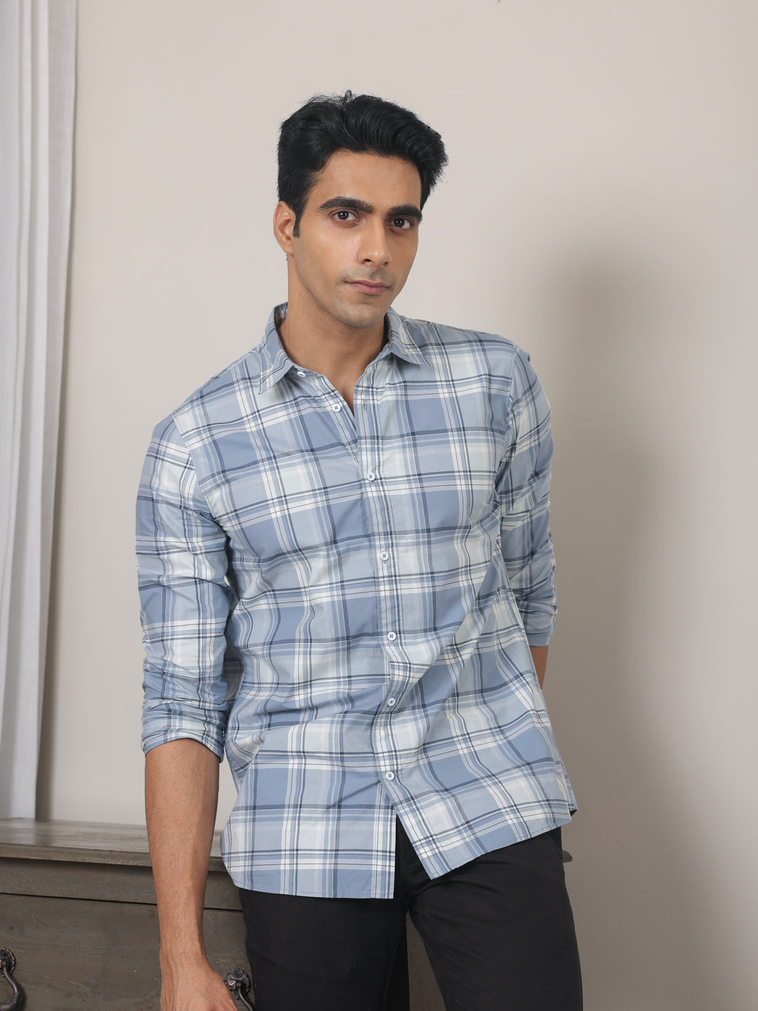 Cotton Checked Casual Shirt in Stone Blue - Comfort Fit