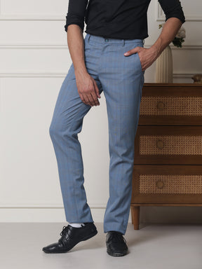 2 Way Stretch Checked Formal Trousers in Sky Blue - Slim Fit