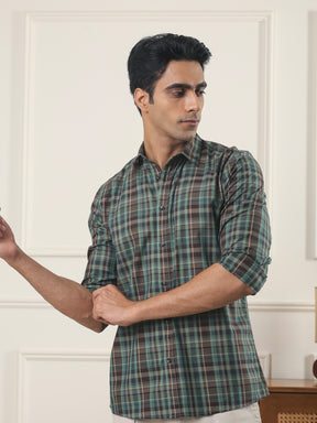 Cotton Checked Casual Shirt in Forest Green - Comfort Fit