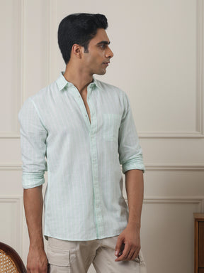 Cotton Linen Striped Casual Shirt in Ice Green - Comfort Fit