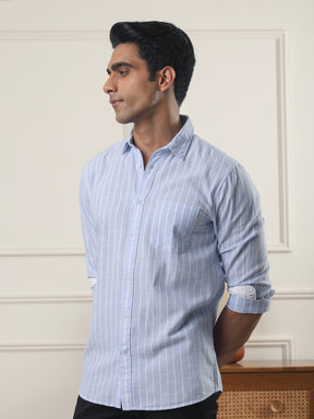 Cotton Linen Striped Casual Shirt in Sky Blue - Comfort Fit