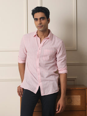 Cotton Linen Striped Casual Shirt in Light Pink - Comfort Fit