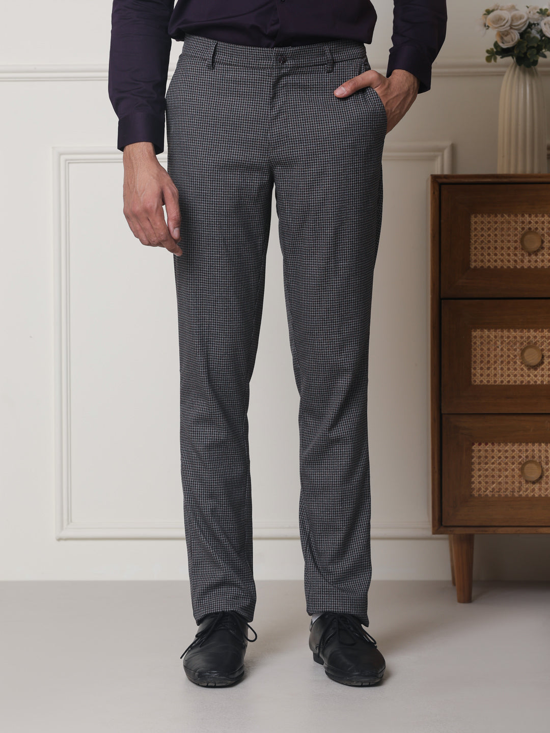 2 Way Stretch Checked Formal Trousers in Grey Violet - Slim Fit