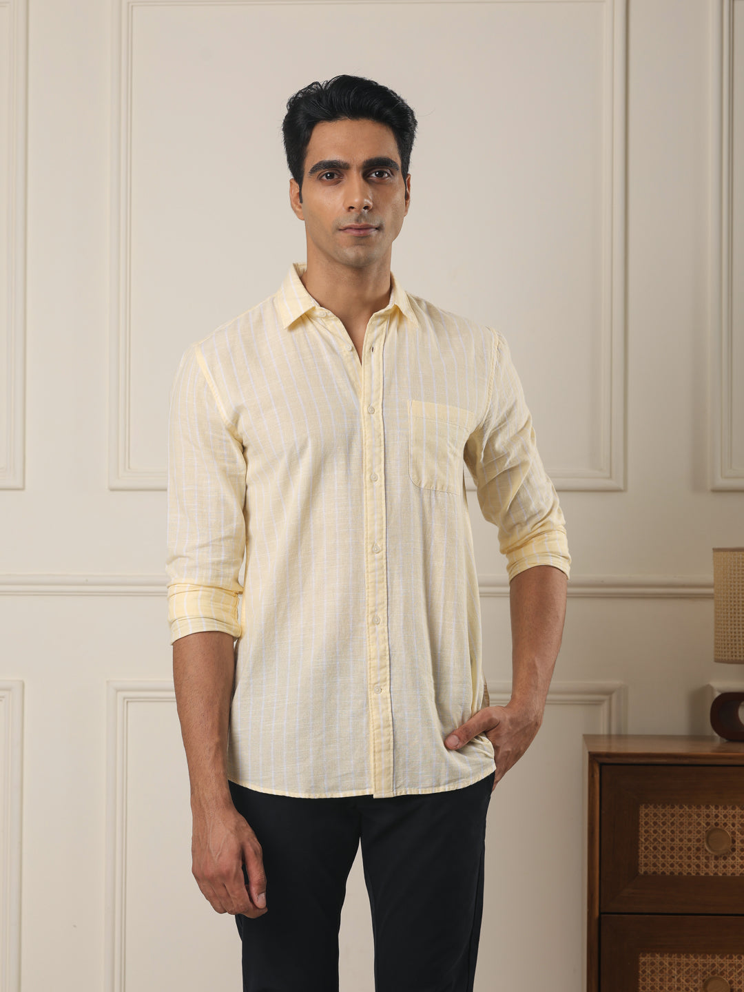 Cotton Linen Striped Casual Shirt in Lemonade - Comfort Fit