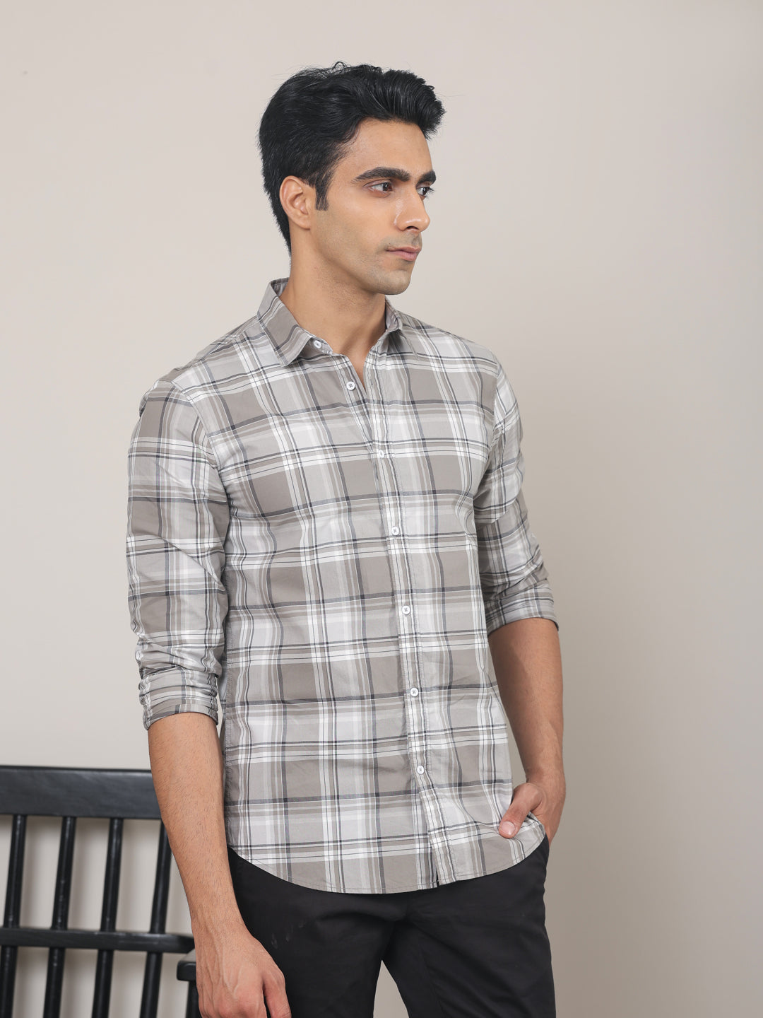 Cotton Checked Casual Shirt in Grey - Comfort Fit