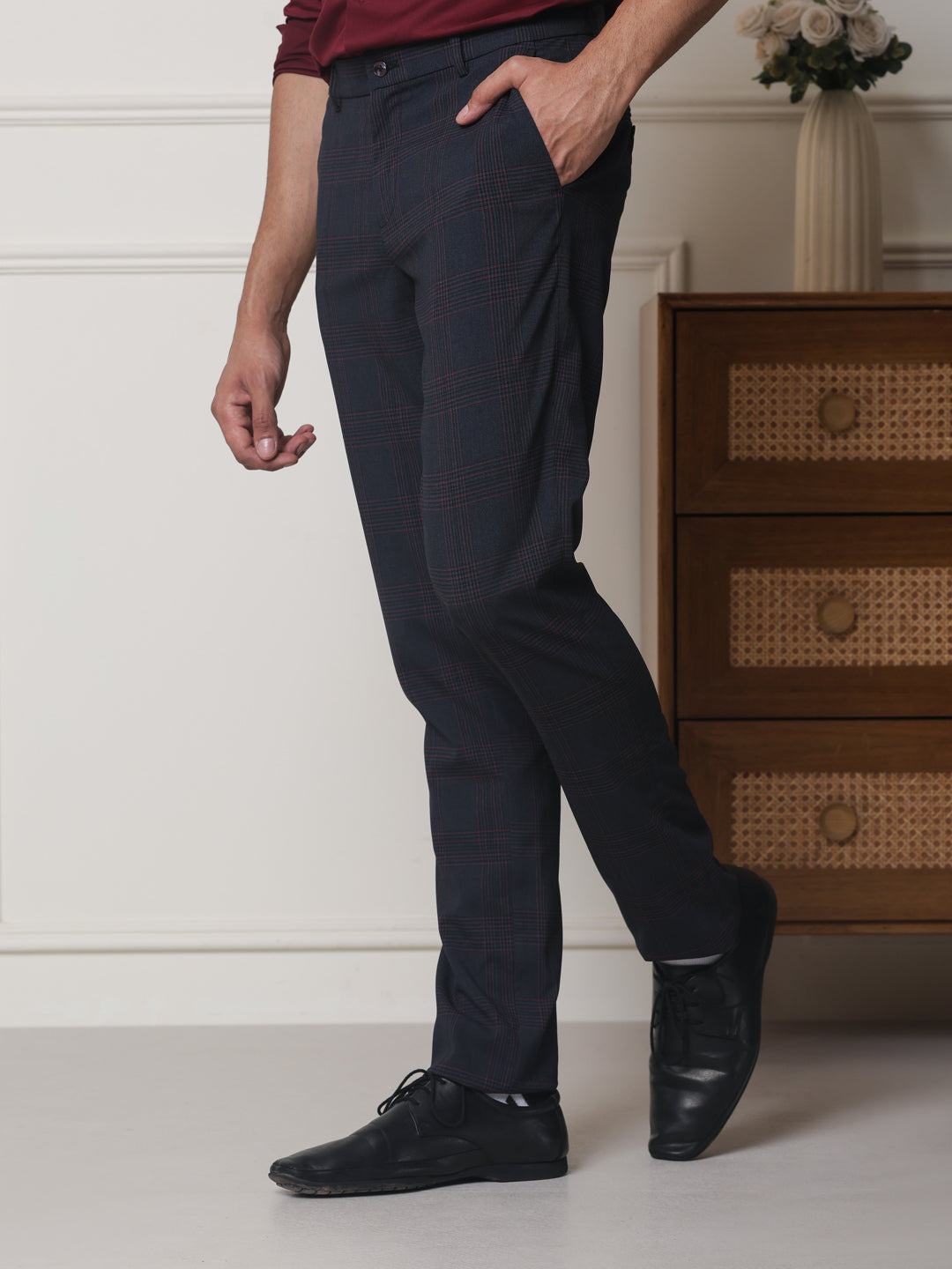 2 Way Stretch Checked Formal Trousers in Charcoal Grey - Slim Fit