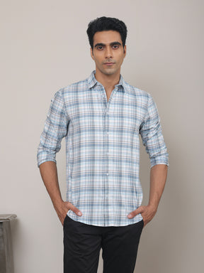 Cotton Checked Casual Shirt in Powder Blue - Comfort Fit