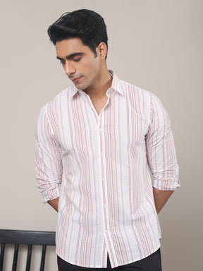 Cotton Striped Casual Shirt in Peach - Comfort Fit