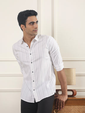 Cotton Striped Casual Shirt in White - Comfort Fit