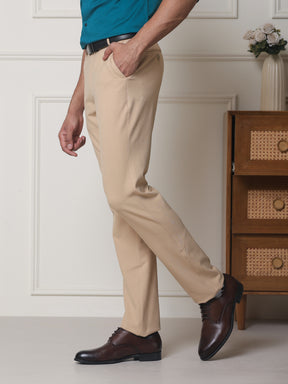 Flex Waist 4-Way Stretch Formal Trousers in Sand - Slim Fit