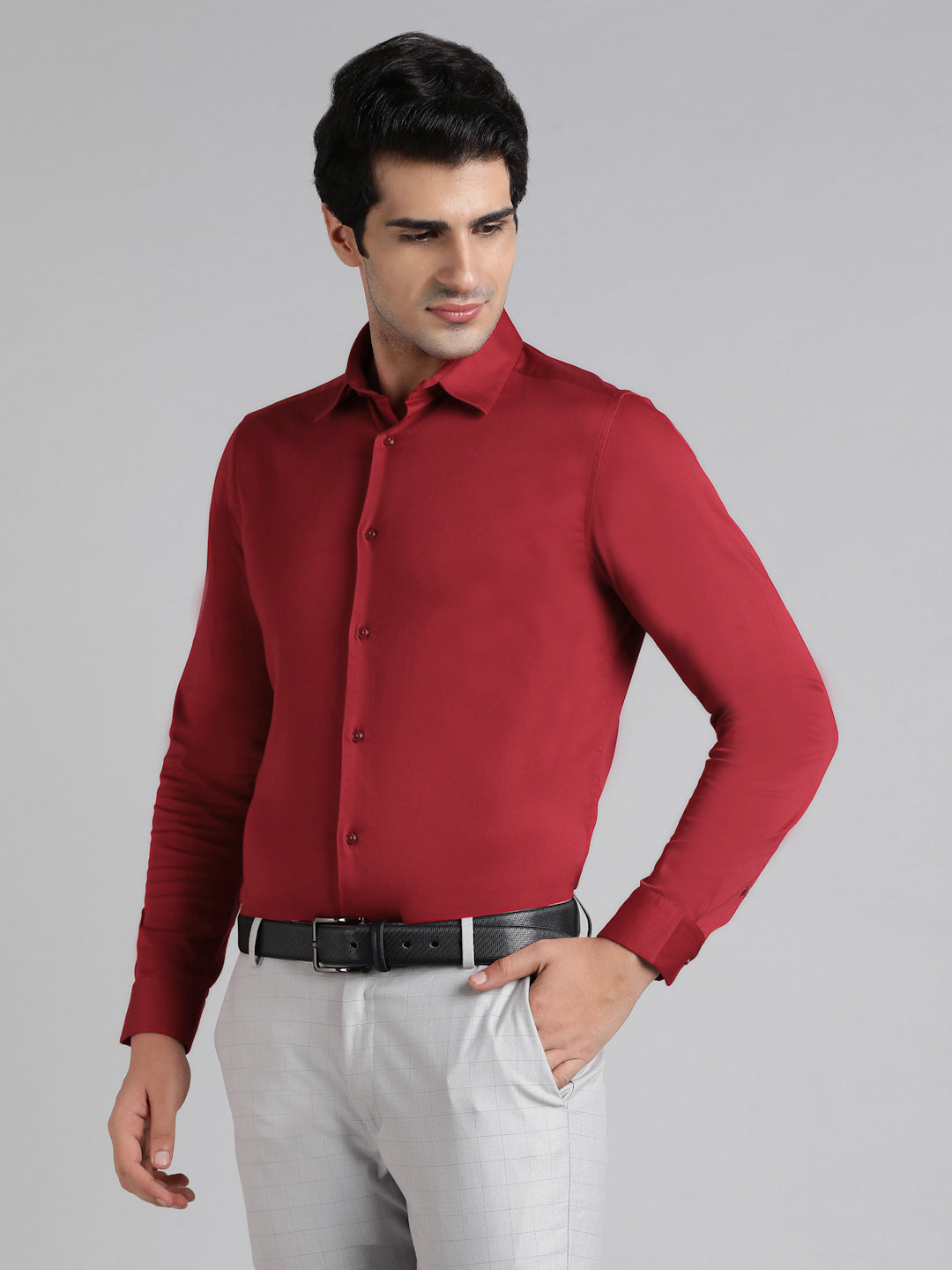 2 Way Stretch Satin Shirt in Maroon