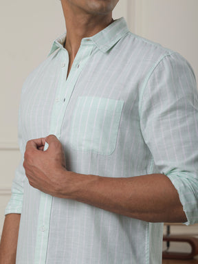 Cotton Linen Striped Casual Shirt in Ice Green - Comfort Fit