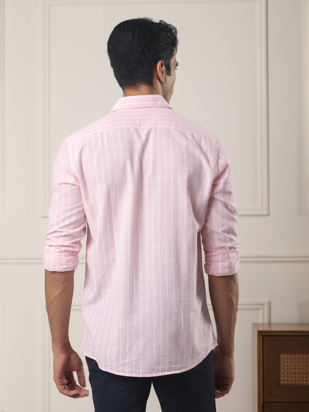 Cotton Linen Striped Casual Shirt in Light Pink - Comfort Fit