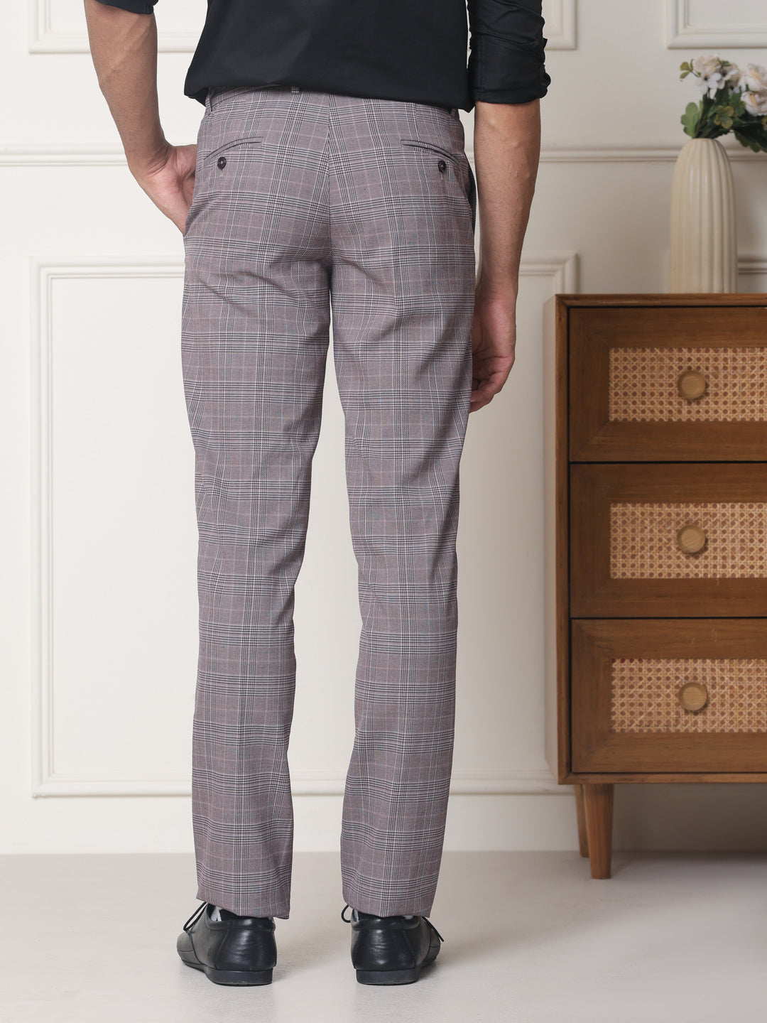 2 Way Stretch Checked Formal Trousers in Mauve - Slim Fit