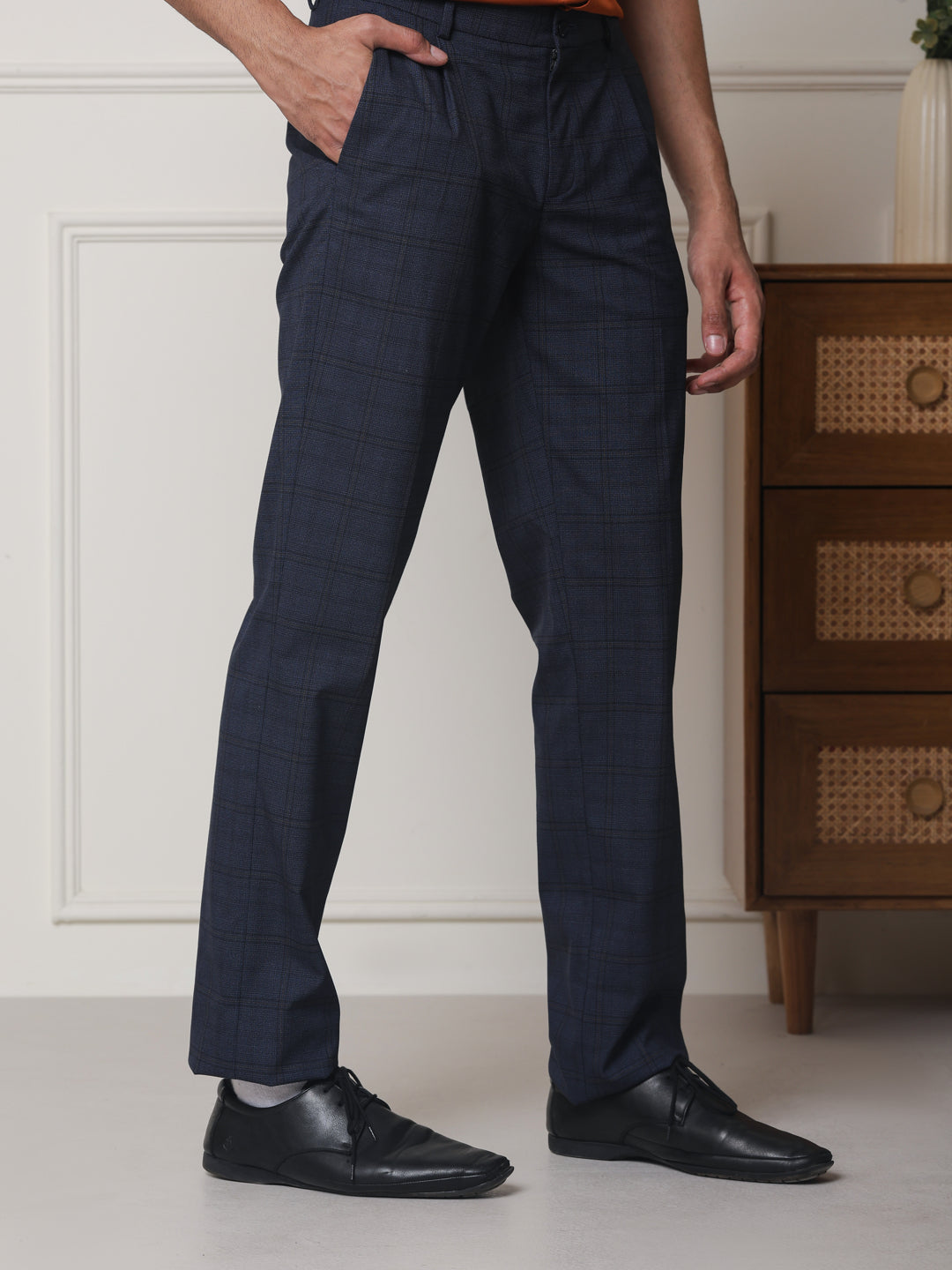 2 Way Stretch Checked Formal Trousers in Oxford Blue - Regular Fit