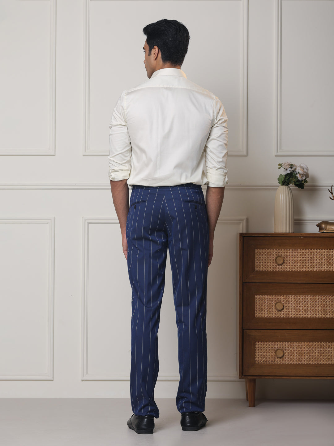 2 Way Stretch Striped Formal Trousers in Denim Blue - Regular Fit