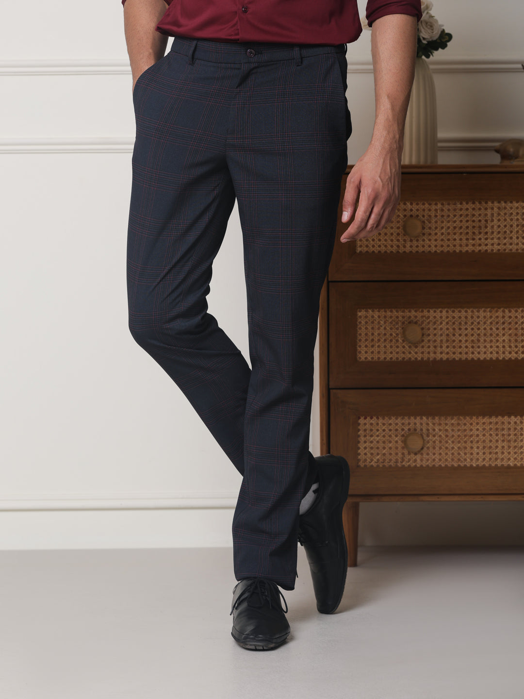 2 Way Stretch Checked Formal Trousers in Charcoal Grey - Slim Fit