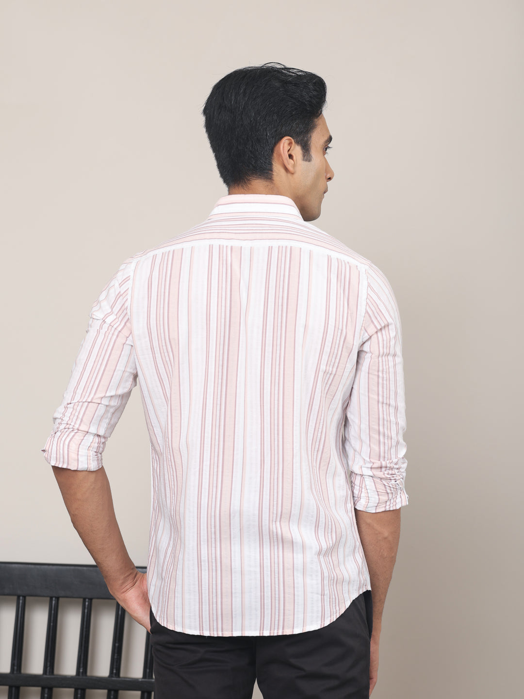 Cotton Striped Casual Shirt in Peach - Comfort Fit