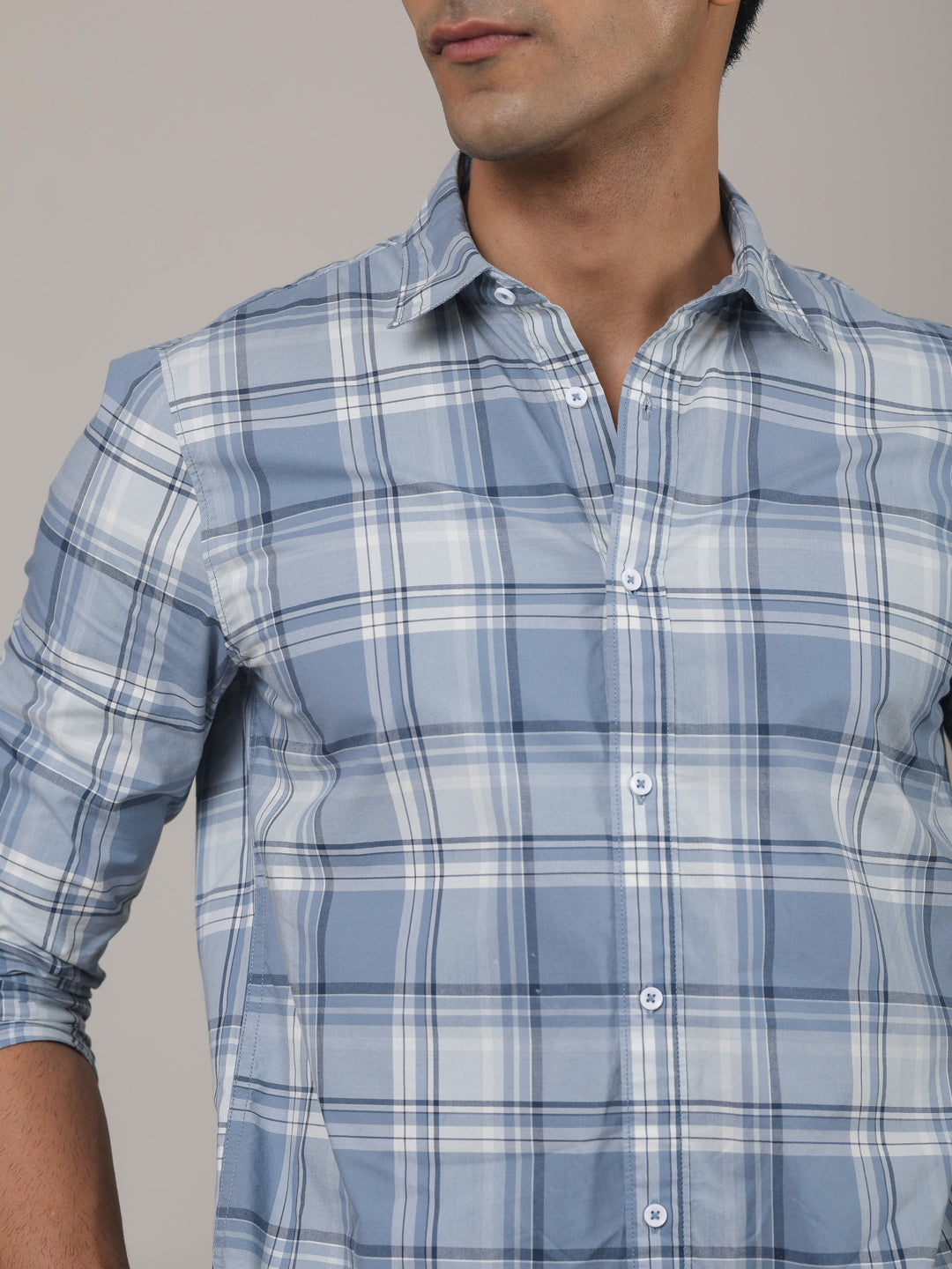 Cotton Checked Casual Shirt in Stone Blue - Comfort Fit