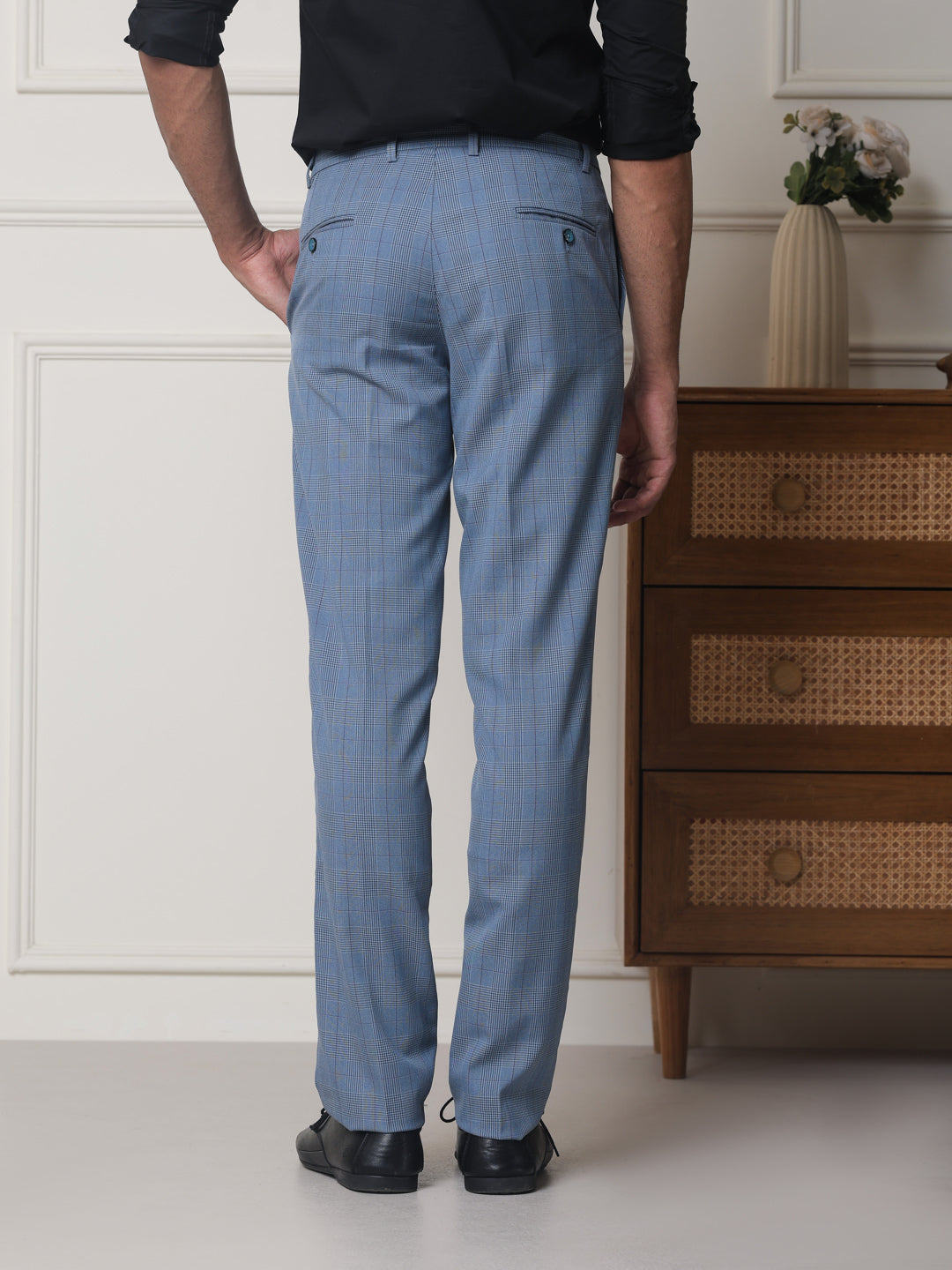 2 Way Stretch Checked Formal Trousers in Sky Blue - Slim Fit