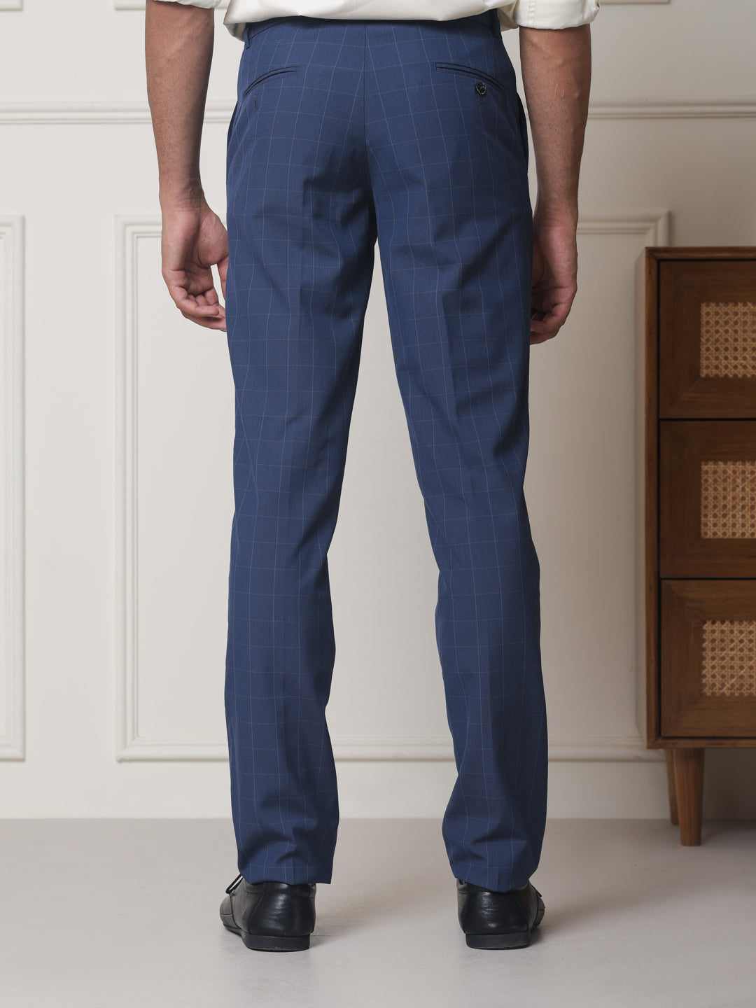 2 Way Stretch Checked Formal Trousers in Stone Blue - Slim Fit