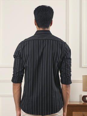 Cotton Striped Casual Shirt in Black - Comfort Fit