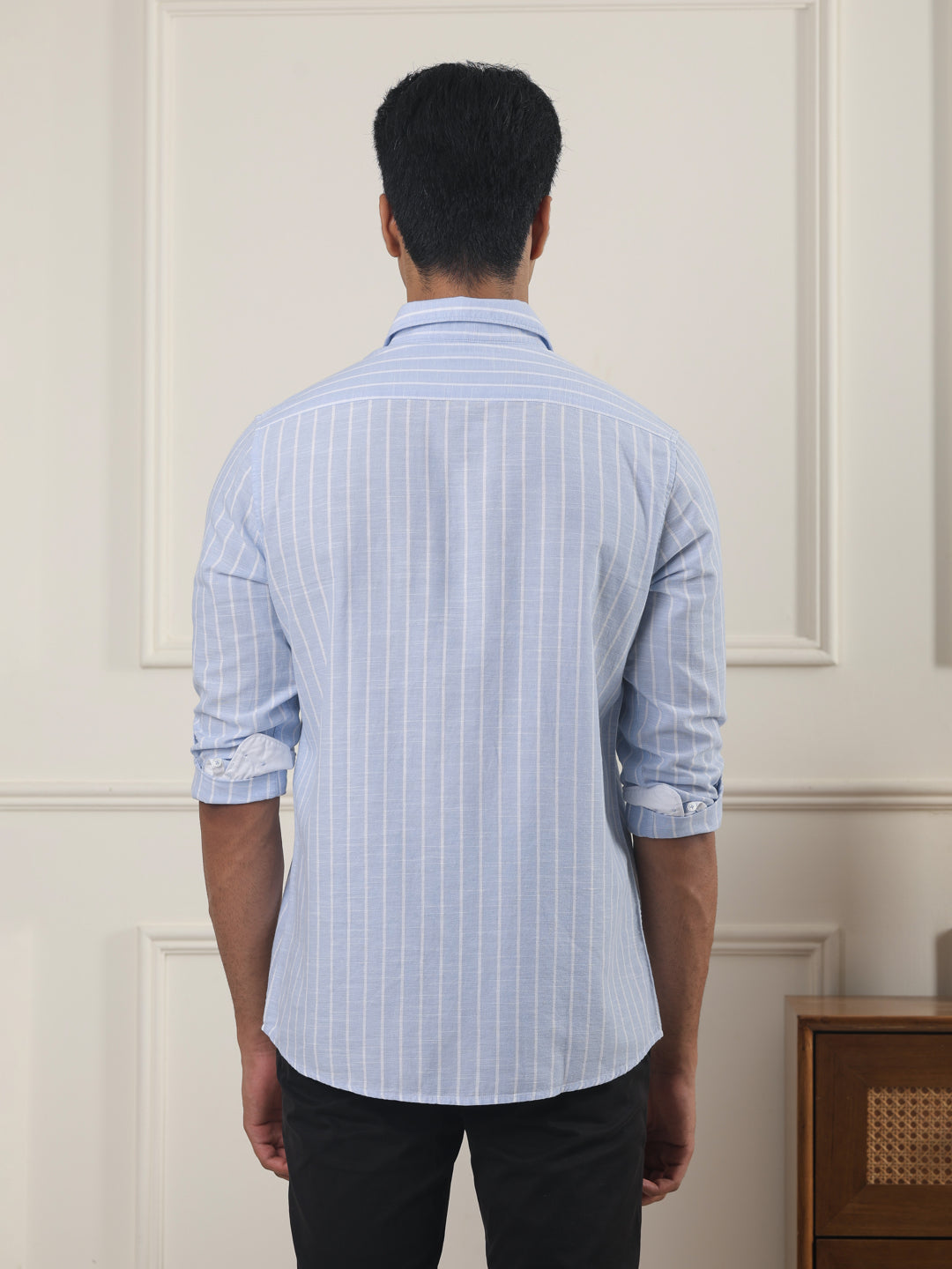 Cotton Linen Striped Casual Shirt in Sky Blue - Comfort Fit